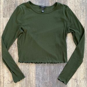 Forever 21 Ribbed Forest Green Long Sleeve Crop Top